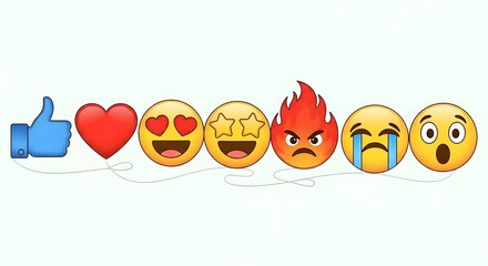 Fototapeta premium A horizontal row of colorful social media reaction icons featuring thumbs up heart smiling faces fire crying and shocked expressions.
