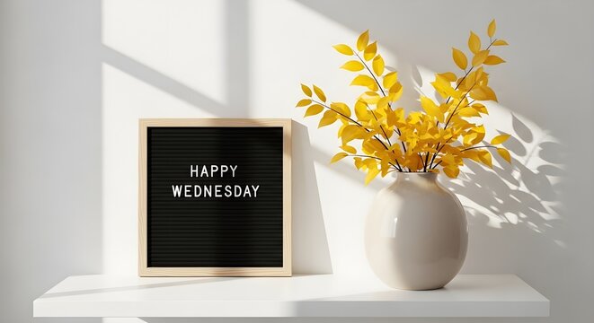 A photo of a white shelf with a small framed sign that reads happy wednesday next to a white vase with yellow leaves.