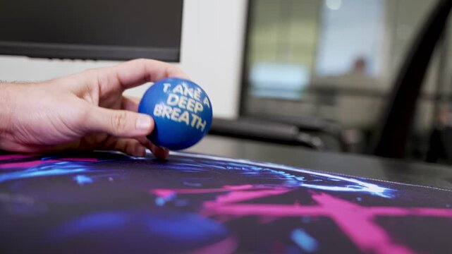 A close-up shot of a hand squeezing a blue stress ball that says take a deep breath. The person relieves work anxiety at a modern office desk featuring a colorful mat and computer monitor.