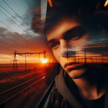A double exposure style selfie taken through a train window at dusk, where the passengers tired face merges with blurred power lines and distant fields outside, Ai generated image