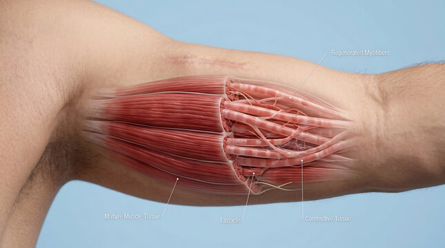 Anatomical 3D illustration of human arm muscle regeneration showing