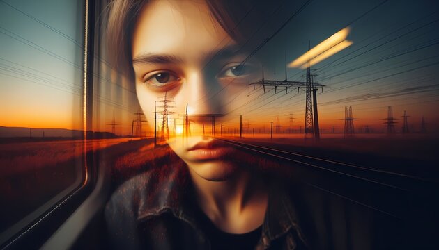 A double exposure style selfie taken through a train window at dusk, where the passengers tired face merges with blurred power lines and distant fields outside, Ai generated image