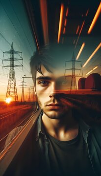 A double exposure style selfie taken through a train window at dusk, where the passengers tired face merges with blurred power lines and distant fields outside, Ai generated image