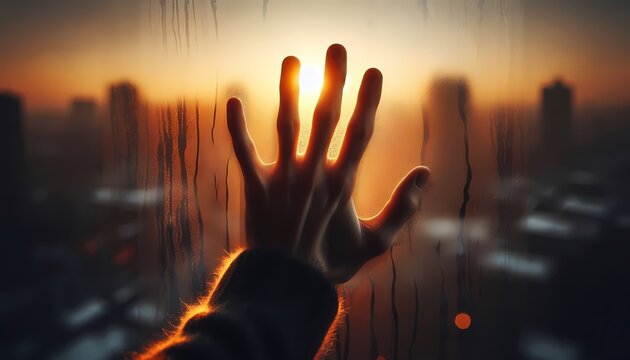 A hand pressed firmly against cold window glass from inside, palm centered in frame, face barely visible behind translucent fingers against a warm sunset cityscape, Ai generated image