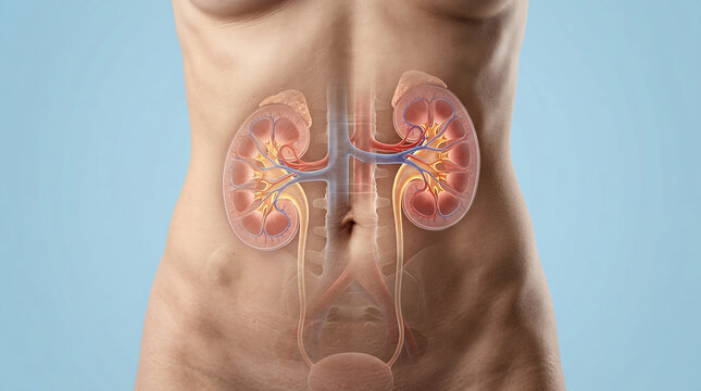 3D illustration of the human urinary system featuring kidneys