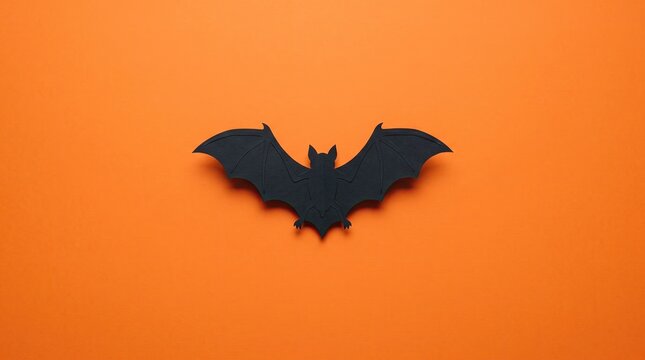Minimalist black paper bat silhouette centered on a vibrant orange background for a festive halloween holiday party decoration