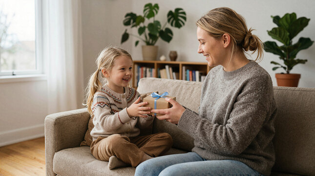 Daughter gives mother a gift on the couch in a cozy living room