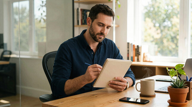 Man working at desk writing in notebook with coffee and laptop