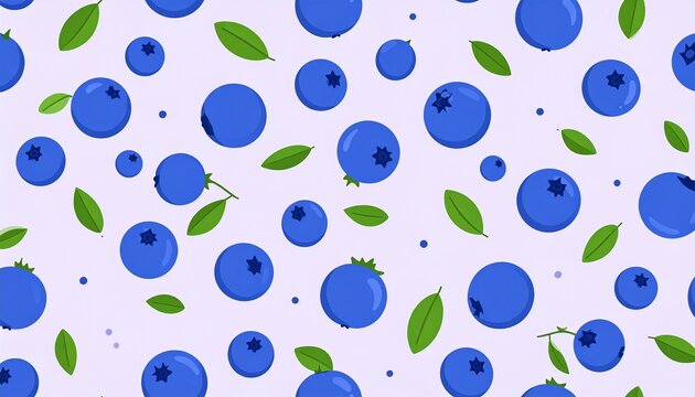 Seamless vector pattern featuring stylized ripe blueberries and small green leaves scattered across a light lavender background for textile design