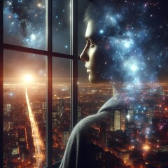 Fototapeta premium A person stands at a window expecting a city view, but the reflection and the view outside show deep space, stars, and a glowing nebula instead of buildings, surreal cosmic scene, Ai generated image