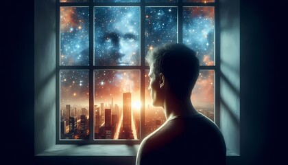 Fototapeta premium A person stands at a window expecting a city view, but the reflection and the view outside show deep space, stars, and a glowing nebula instead of buildings, surreal cosmic scene, Ai generated image