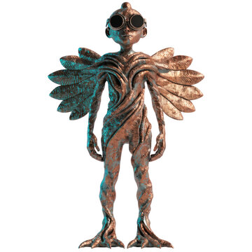 Bronze Patina Humanoid Figure with Wings and Alien Features on Transparent Background