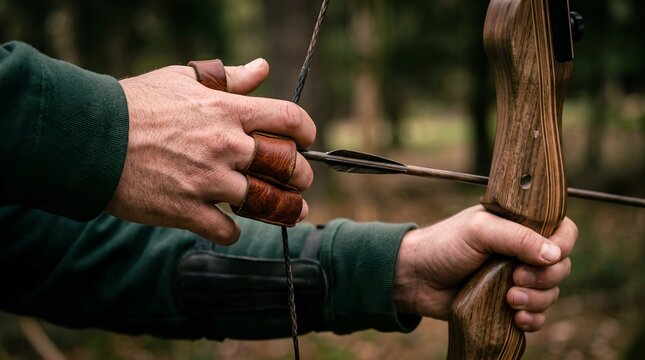 Close-up of an archers hands preparing to shoot an arrow with a traditional wooden bow in a forest setting.