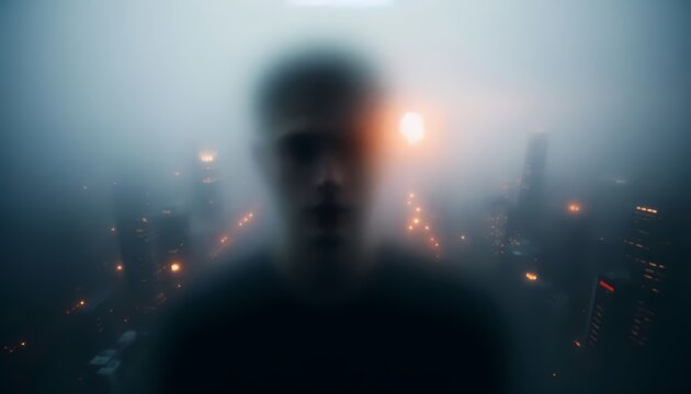 A barely visible face seems to float in milky white fog on the other side of a window at misty sunset, Ai generated image