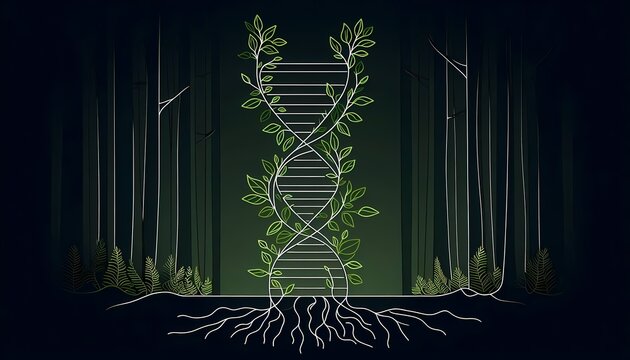 A monoline minimalist vector of a DNA double helix constructed entirely from intertwining green vines, leaves, and thin roots without any chemical symbols, Ai generated image