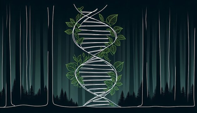 A monoline minimalist vector of a DNA double helix constructed entirely from intertwining green vines, leaves, and thin roots without any chemical symbols, Ai generated image