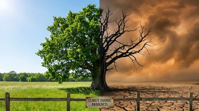 Climate change awareness sign in dry cracked soil with trees