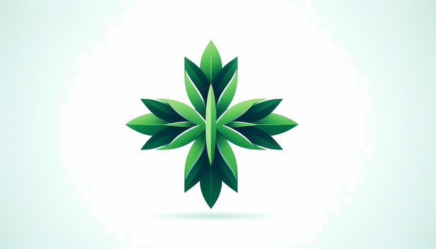 A flat vector green and white duotone symbol of a modern medical cross formed by four overlapping aloe vera or eucalyptus leaves radiating from a center point, Ai generated image