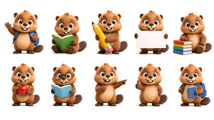 Fototapeta premium Cute Baby Beaver School Mascot Collection, Premium Glossy 3D Cartoon Character Set with Back to School Accessories on White Background