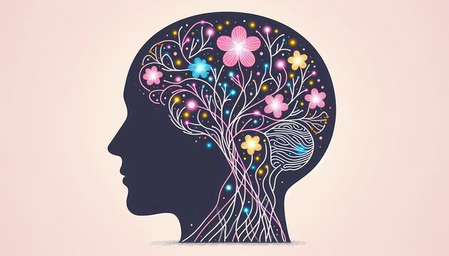 A line art vector of a human head silhouette with the brain area depicted as branching vines with glowing synaptic buds and small colorful flowers instead of neurons, Ai generated image