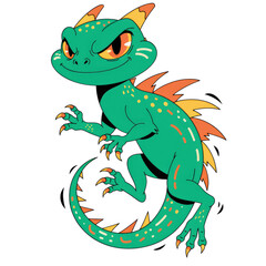 Fototapeta premium Cute Cartoon Green Lizard Character With Orange Spots and Spines on Transparent Background