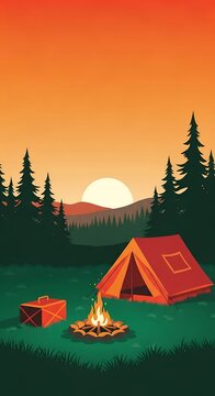 Vector Illustration Campfire Tent Forest Pine Trees Mountain Sunset Camping Outdoor Adventure Landscape Flat Graphic Art
