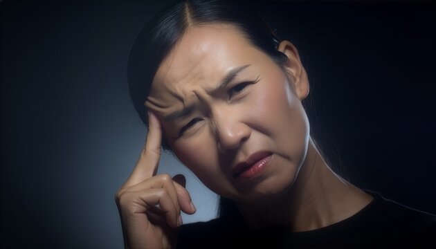 Woman touching one temple, sharp pain expression.