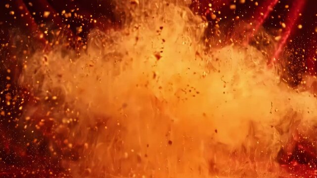 Fiery explosion with glowing sparks and particles on a dark red textured background