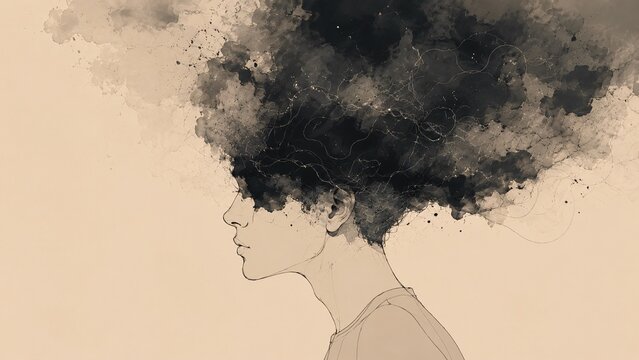 Person profile is obscured by dark watercolor smoke symbolizing mental turmoil and anxiety.
