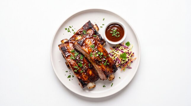 Grilled pork ribs with sauce and vegetables on a plate