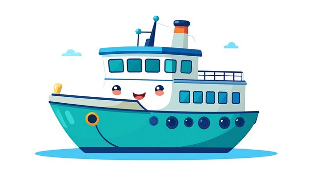 Colorful cartoon cargo ship on ocean waves.