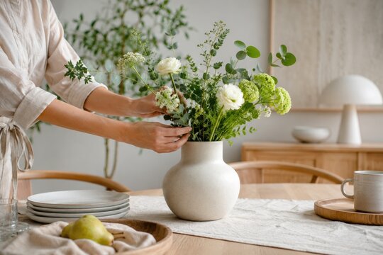 Woman arranging fresh white flowers in ceramic vase on dining table