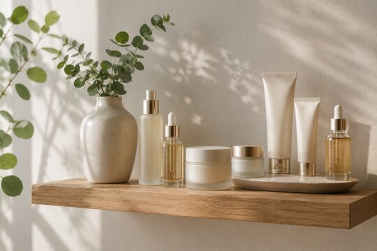 Floating wooden shelf displaying skincare cosmetic bottles and jars in bathroom
