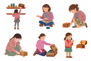 Little girl character set finding and opening a treasure chest, unlocking with a key and discovering jewelry, flat vector illustration on white background
