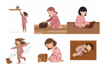 Set of illustrations of a little girl in floral pajamas playing with a vintage music box, dancing, and sleeping, cozy childhood moments vector concept.
