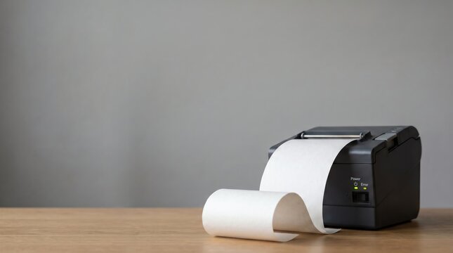 thermal receipt printer dispensing long paper roll on desk office photo