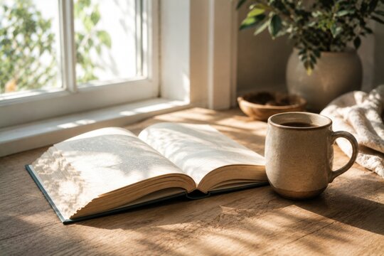 Open book and coffee mug on wooden table near sunlit window