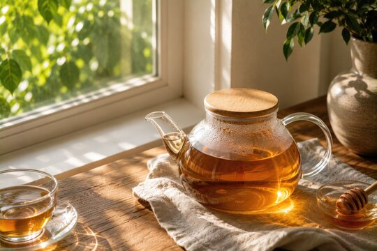 Glass teapot and tea cup on windowsill in morning light