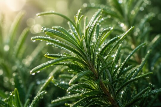 Close up of green pine needles with water drops