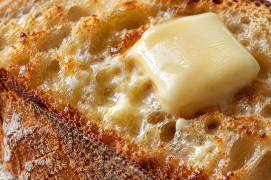 Melted butter spreading on toasted bread slice macro