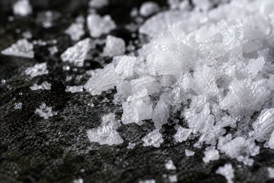Macro shot of sea salt crystals on dark stone background