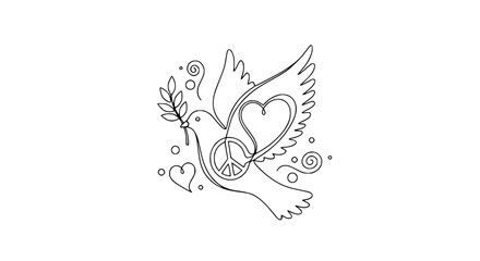 Naklejka premium Peace Dove Heart Symbol Line Art Isolated Transparent Background
