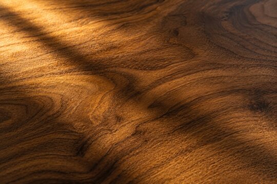 Sunlight and leaf shadows casting on rich dark wood surface