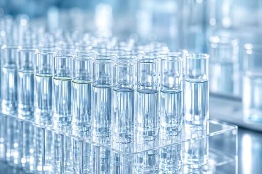 Rows of glass test tubes lined up in scientific laboratory