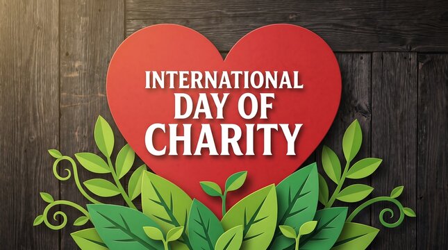 Red paper heart with International Day of Charity text on dark wooden background with leaves