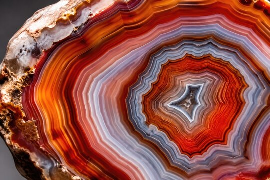 Polished sliced agate stone displaying vibrant red and orange rings
