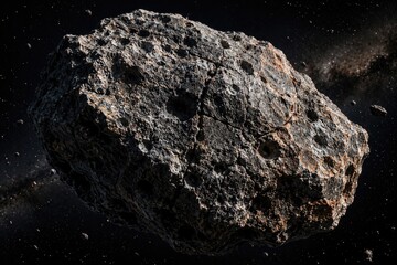 Fototapeta premium Large rocky asteroid floating in dark outer space with stars background
