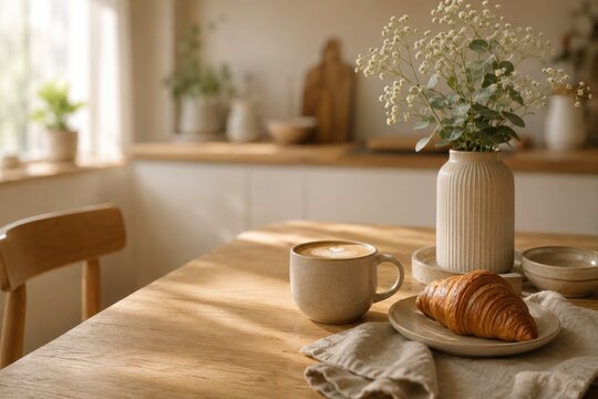 Morning breakfast with latte art cup croissant and flowers on wooden table