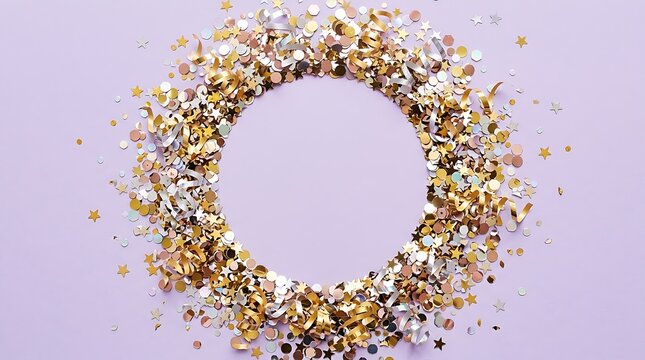 Circular frame made of gold and silver confetti on a soft purple background for festive celebration design