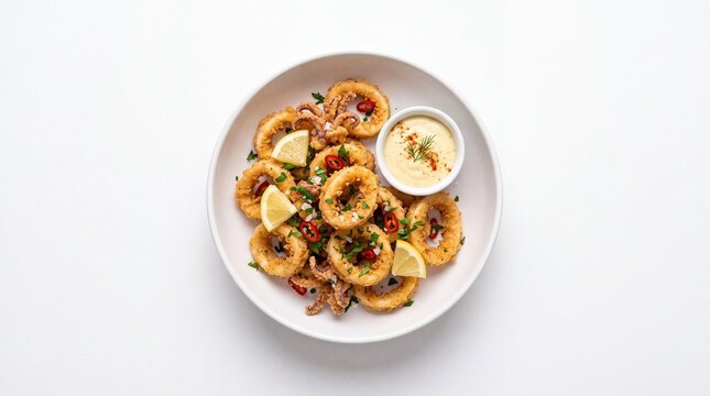 Crispy fried calamari rings served with lemon and dipping sauce